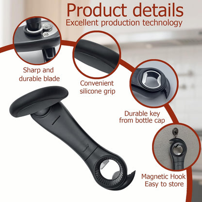 4-In-1 Multifunctional Can Opener Manual, Can Openers for Seniors with Magnetic Hooks, Can Opener Smooth Edge Suitable for Beer/Cans(Black)