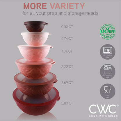 COOK WITH COLOR Mixing Bowls with Lids - 12 Piece Plastic Nesting Bowls Set includes 6 Prep Bowls and 6 Lids, Microwave Safe Mixing Bowl Set, Black Embossed - Colors B