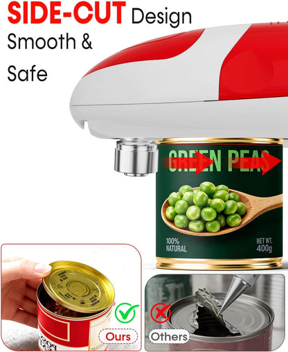 Electric Can Opener for Seniors One Touch - Easy Use, Smooth Edge Side Cut Auto Can Opener with Power Motor Fits All Can Sizes - Battery Operated, Hand Free for Kitchen by Befumly (Red)