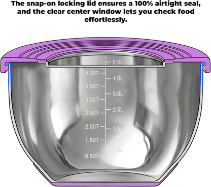 KITEISCAT Stainless Steel Mixing Bowls with Lids – Set of 5 Large Nesting Metal Bowls for Kitchen, Baking, Cooking, Food Prep & Storage, Non-Slip Base, Dishwasher Safe,Khaki