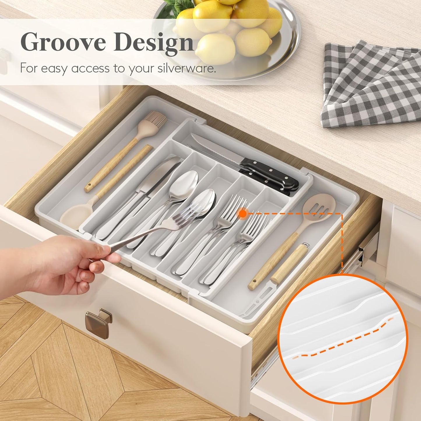 Lifewit Silverware Drawer Organizer, Expandable Utensil Tray for Kitchen, BPA Free Flatware and Cutlery Holder, Adjustable Plastic Storage for Spoons Forks Knives, 11-18 x 14", Black