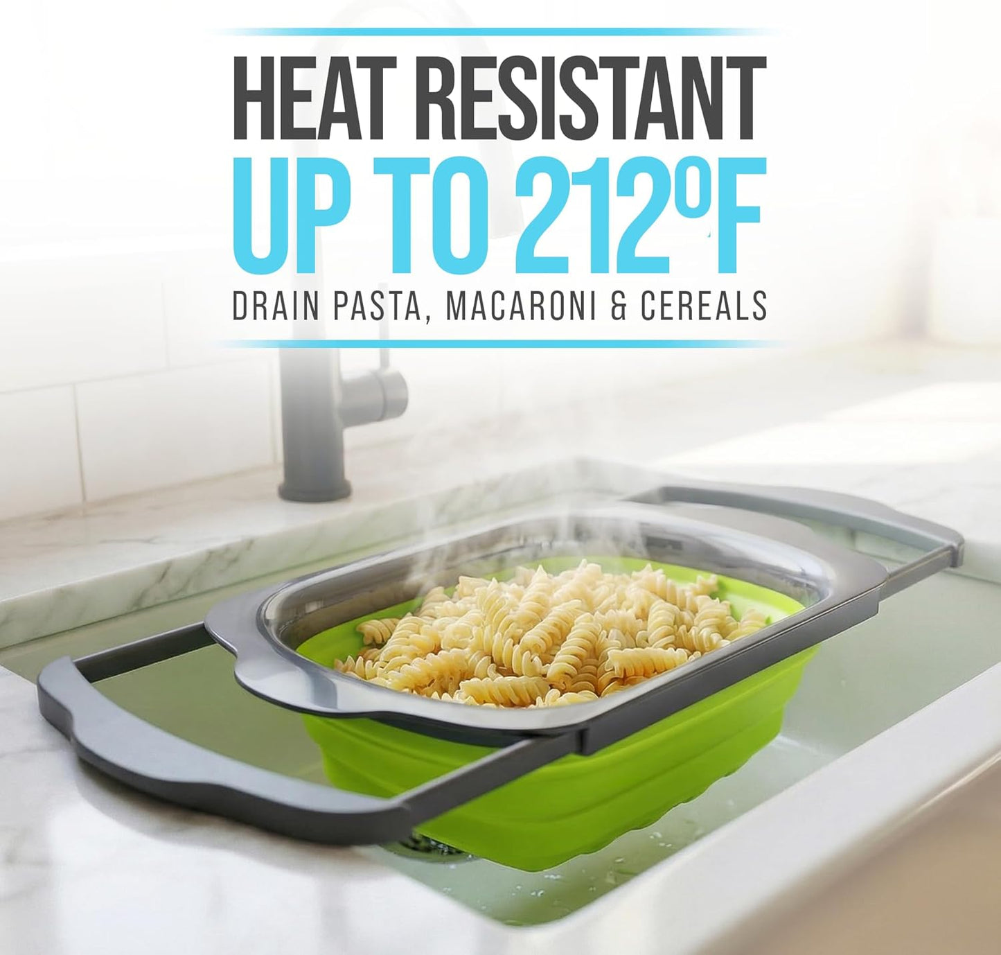 Comfify XL Large Kitchen Strainer - Collapsible Silicone Over - The-Sink Colander with Extendable Handles - Use with Pasta, Fruit, Berries & Veggie - 6 Quart - Blue