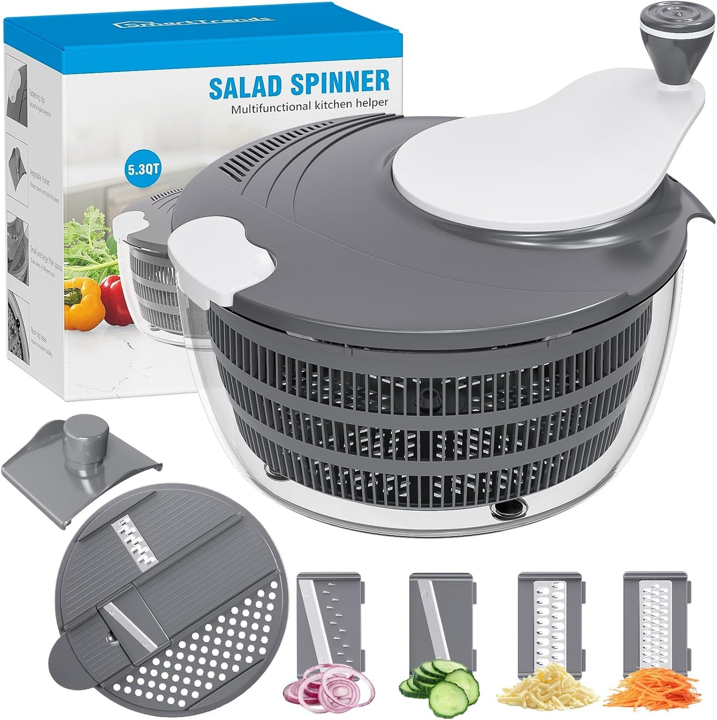 Salad Spinner, 5.3 QT Lettuce Spinner with Strainer, Fruit Cleaner with 4 Replaceable Blade for Shredding, Slicing and Pureeing, Salad Washer & Dryer for Quick Washing (Green)