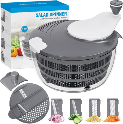 Salad Spinner, 5.3 QT Lettuce Spinner with Strainer, Fruit Cleaner with 4 Replaceable Blade for Shredding, Slicing and Pureeing, Salad Washer & Dryer for Quick Washing (Green)