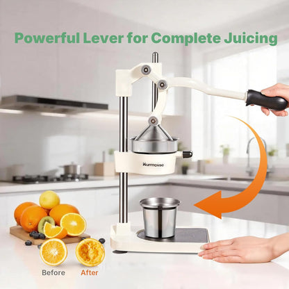 Cast Iron Juicer, 17"Tall & Sturdy Flat Base | Heavy-Duty Manual Hand Press Juicer For Orange Lemon Lime Pomegranate & Citrus, Orange Squeezer, Stainless Steel Cup, Easy to Clean, Black