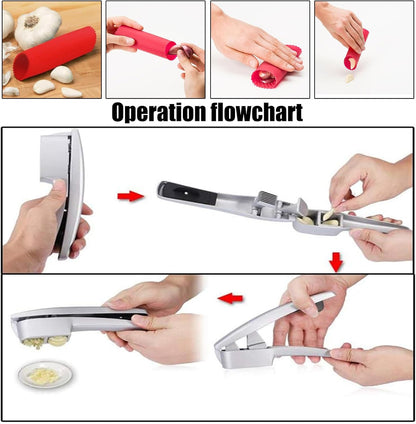 2-in-1 Professional Garlic Press and Peeler Set, Aluminium Press with Built-in Cleaner, Manual Crusher and Mincer for Unpeeled Garlic Cloves,Fast And Portable Garlic Peeler