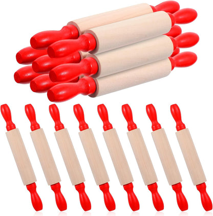 16 Pcs Mini Rolling Pin, 8 Inch Wood Dough Roller for Baking with Red Handle, Small Clay Rolling Pin for Craft Fondant Pastry Pizza Crafting and Imaginative Play