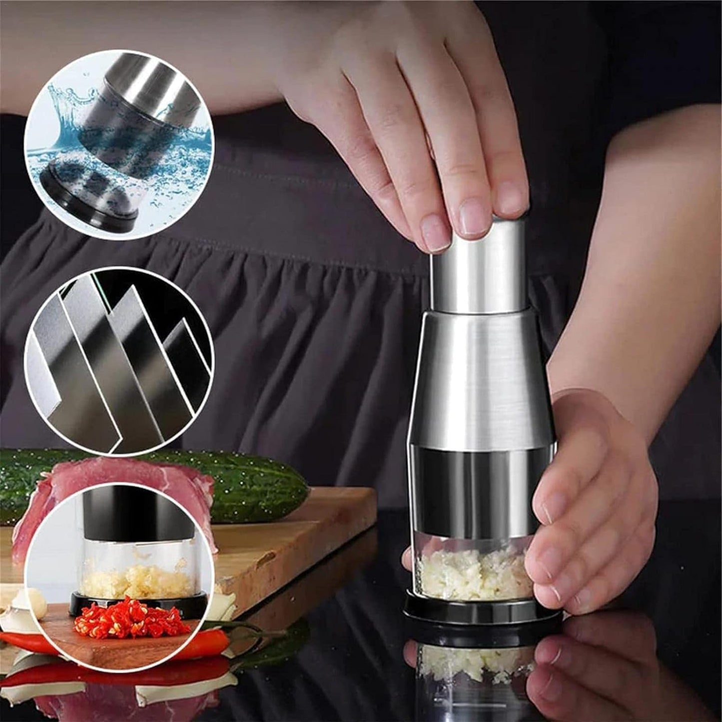 Silver Pressed Garlic Chopper - Multi-Functional Manual Garlic Press and Masher, Stainless Steel 304 Multi-Purpose Kitchen Aid
