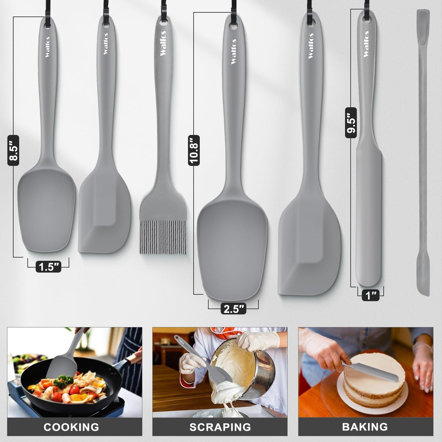 Walfos Silicone Spatula Set of 5 - (600°F) High Heat Resistant Kitchen Scraper Spatulas, One-Pieces Seamless Design, Perfect for Cooking Mixing & Baking - BPA Free and Dishwasher Safe,black