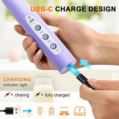 YUSWKO Black Handheld Milk Frother Wand for Coffee, Rechargeable Electric Whisk with 3 Heads 3 Speeds Drink Mixer Coffee Frother For Latte, Cappuccino, Hot Chocolate, Egg