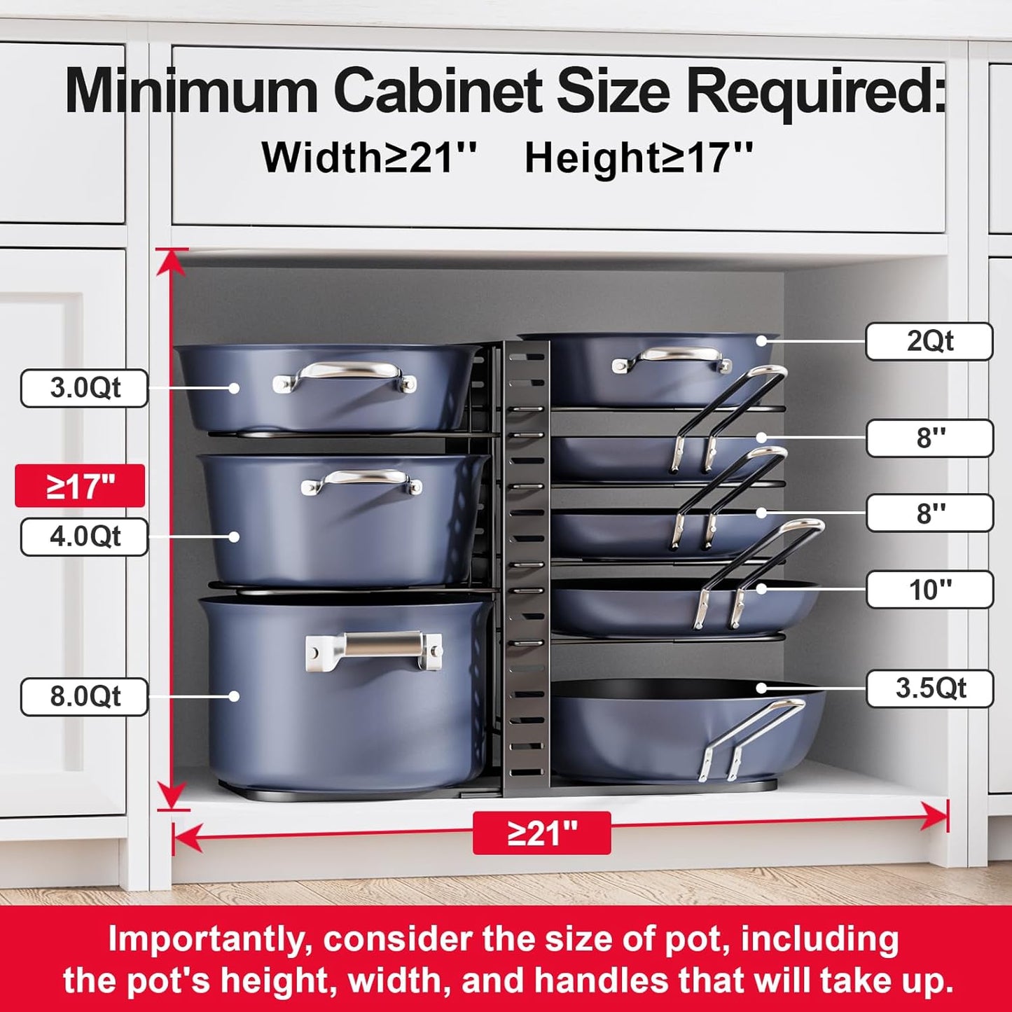 ORDORA Pots and Pans Organizer for Cabinet 16.61 Height, 8 Tier Pot Organizers Rack with 3 DIY Methods, Adjustable Pan Organizer under Cabinet Kitchen Organization and Storage