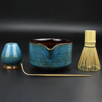 Artcome 4 Pcs Complete Matcha Ceremony Kit - Japanese Bowl With Pouring Spout, Whisk, Holder, Scoop - Tea Set for Making Usucha, Koicha and Latte (Green)