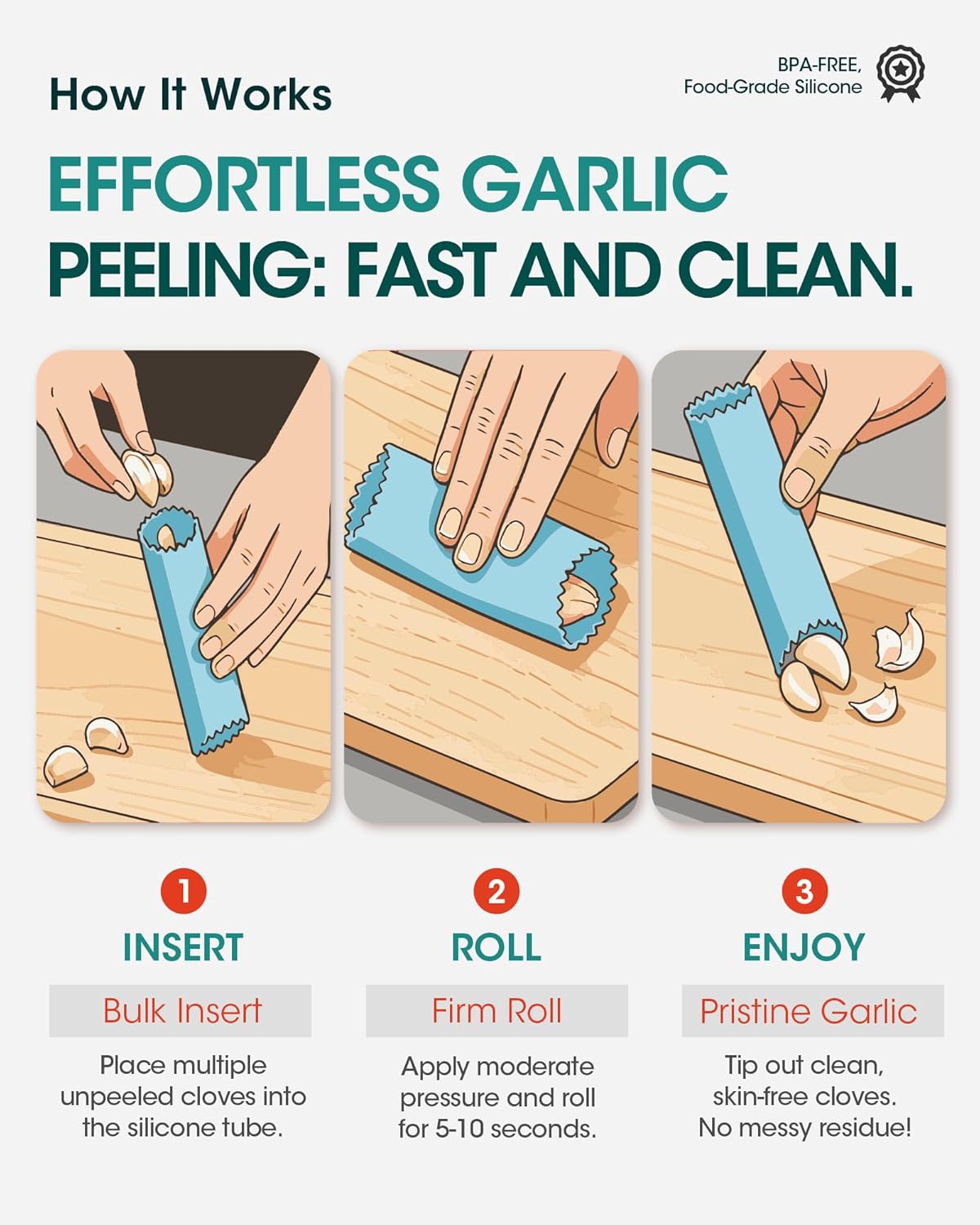 Easy Roller Garlic Peeler - Odor-Free Silicone Kitchen Tool for Quickly Removing Skin, 3-Pack Essential Gadget for Fresh Cloves