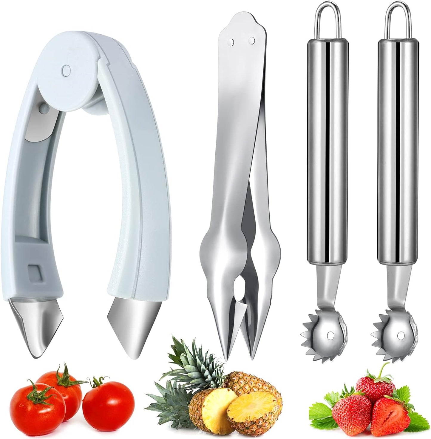 4-Piece Strawberry Huller & Tomato Corer Set - Stem Remover Tool for Strawberry, Potato, Pineapple