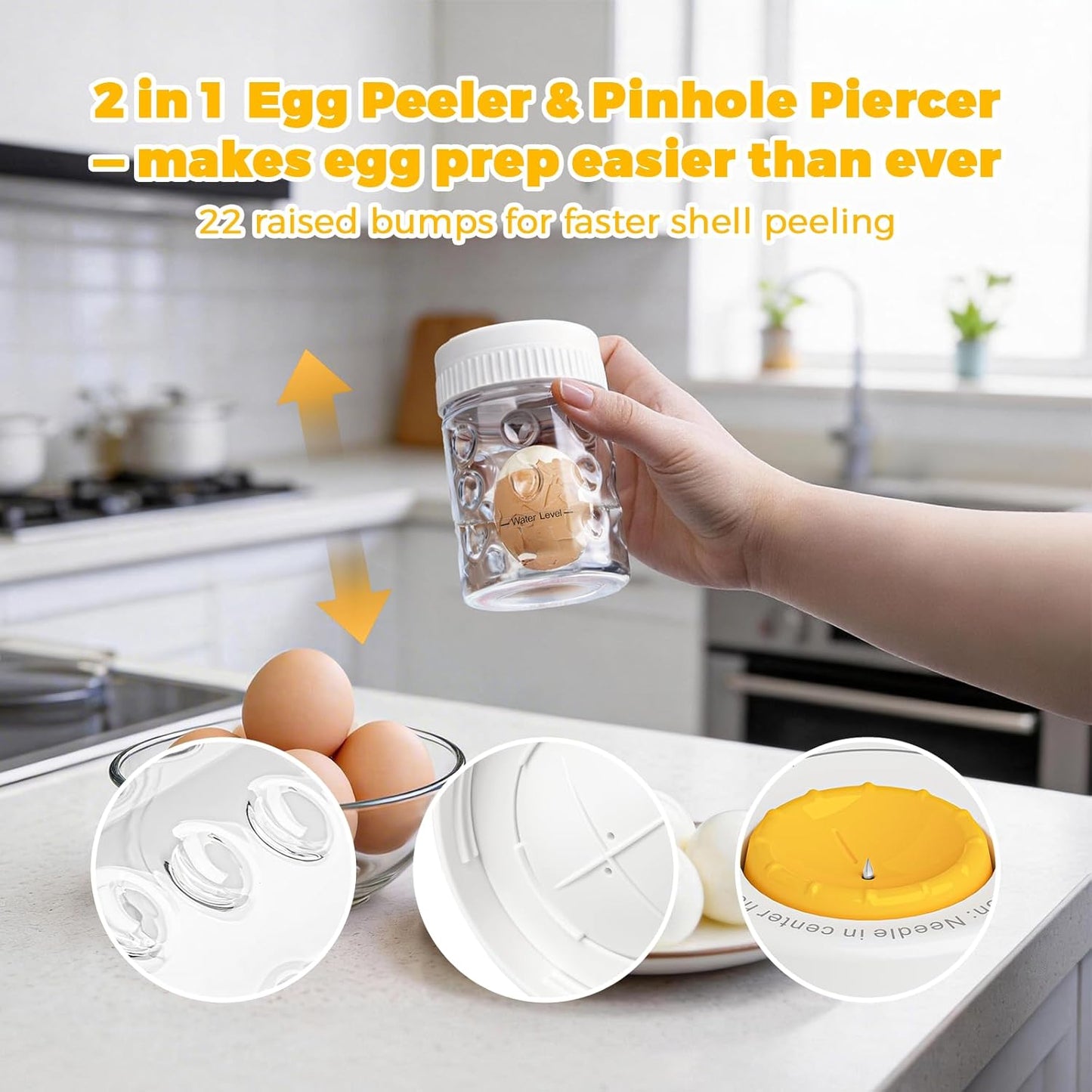 2 in 1 Egg Peeler with Piercer, Hard Boiled Egg Shell Remover Tool with Rotary Lock & Leak-Proof Design, Clear Egg Peeler for Meal Prep, Fitness, Camping & Deviled Eggs, Easy to Use & Clean (White)