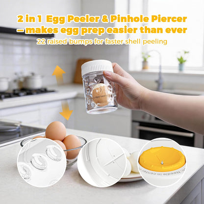 2 in 1 Egg Peeler with Piercer, Hard Boiled Egg Shell Remover Tool with Rotary Lock & Leak-Proof Design, Clear Egg Peeler for Meal Prep, Fitness, Camping & Deviled Eggs, Easy to Use & Clean (White)