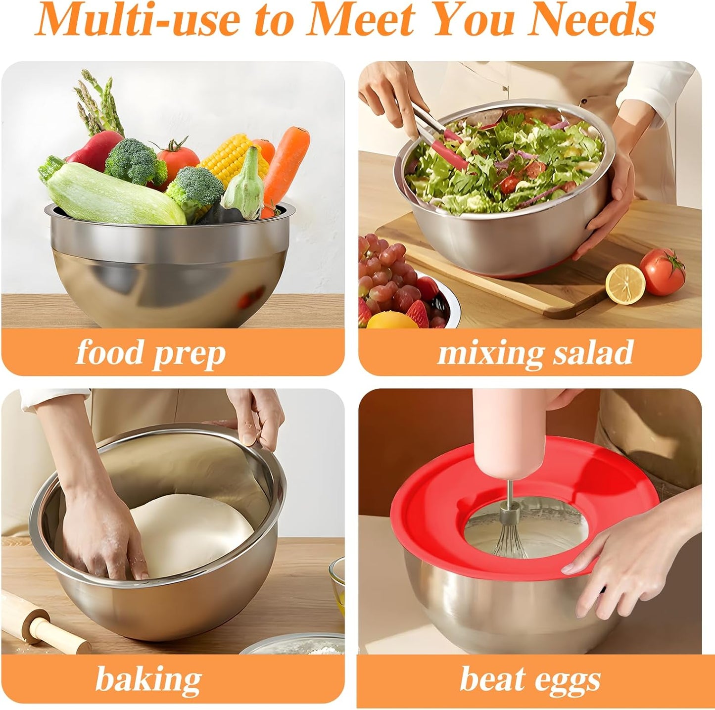 Mixing Bowls with Lids Set, 6 PCS Stainless Steel Mixing Bowls with 3 Grater Attachments, Kitchen Food Storage Organizers Nesting Mixing Bowl, Large Size 4.5, 3.5, 2.1, 1.5, 1.1, 0.7QT