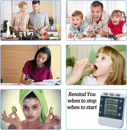 Digital Dual Kitchen Timer for Cooking, 3 Channels Count Down/up Triple Multi Timers for Food, Magnetic Memory-Preset Large-Display Adjustable Alarm Volume, 3A Battery Included