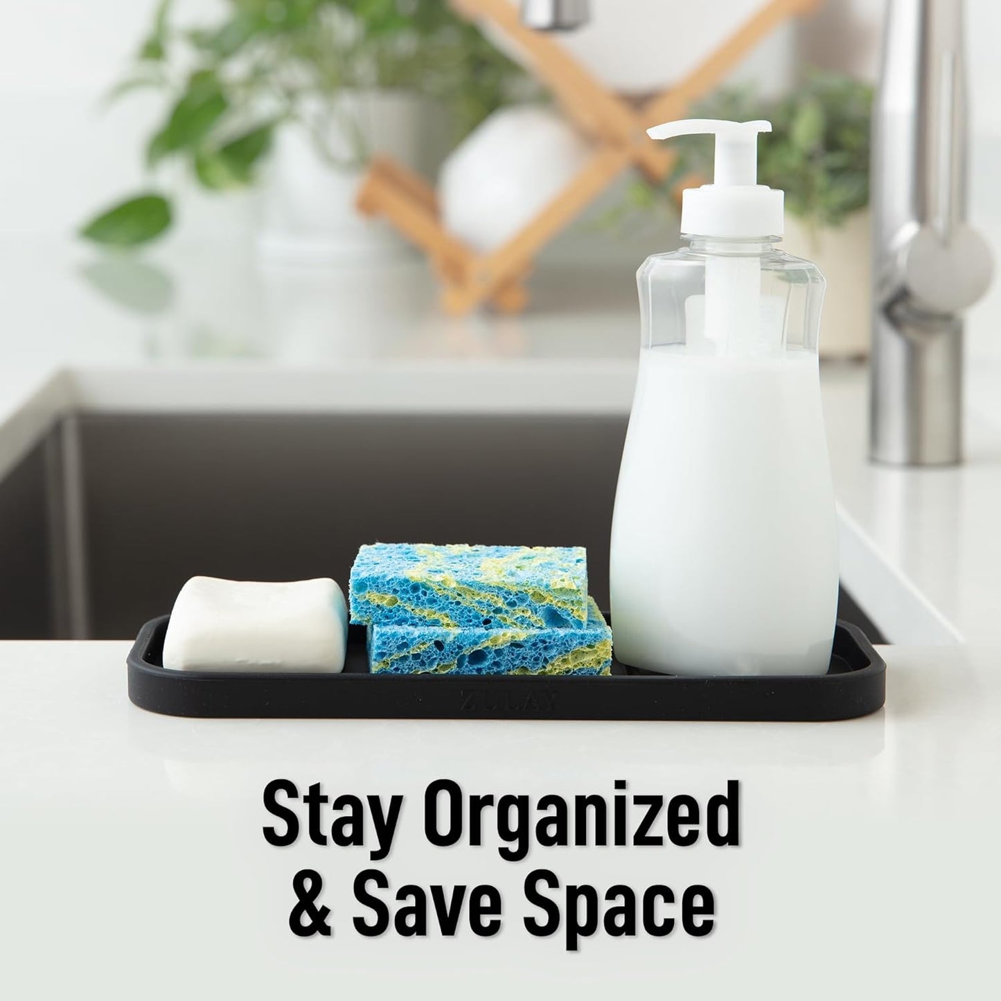 Zulay Kitchen (9x3.5in Sponge Holder for Kitchen Sink - Flexible Heavy-duty Multipurpose Sink Caddy - Counter Organizer for Kitchen, Bathroom, Makeup, Trinkets & More! (Grey)