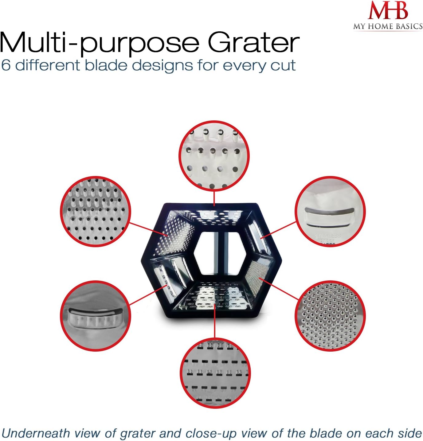 Box Graters for Kitchen, 6 Sided, Multi-purpose Cheese and Veggie Cutter, Stainless Steel With Cooking Secrets Ebook