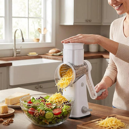 Sakerplus 5 in 1 Rotary Cheese Grater Shredder with Handle, Hand Crank Manual Vegetable Slicer & Drum Grater for Cheese, Potatoes, Nuts, Salad, Dishwasher Safe Blades (1, White)