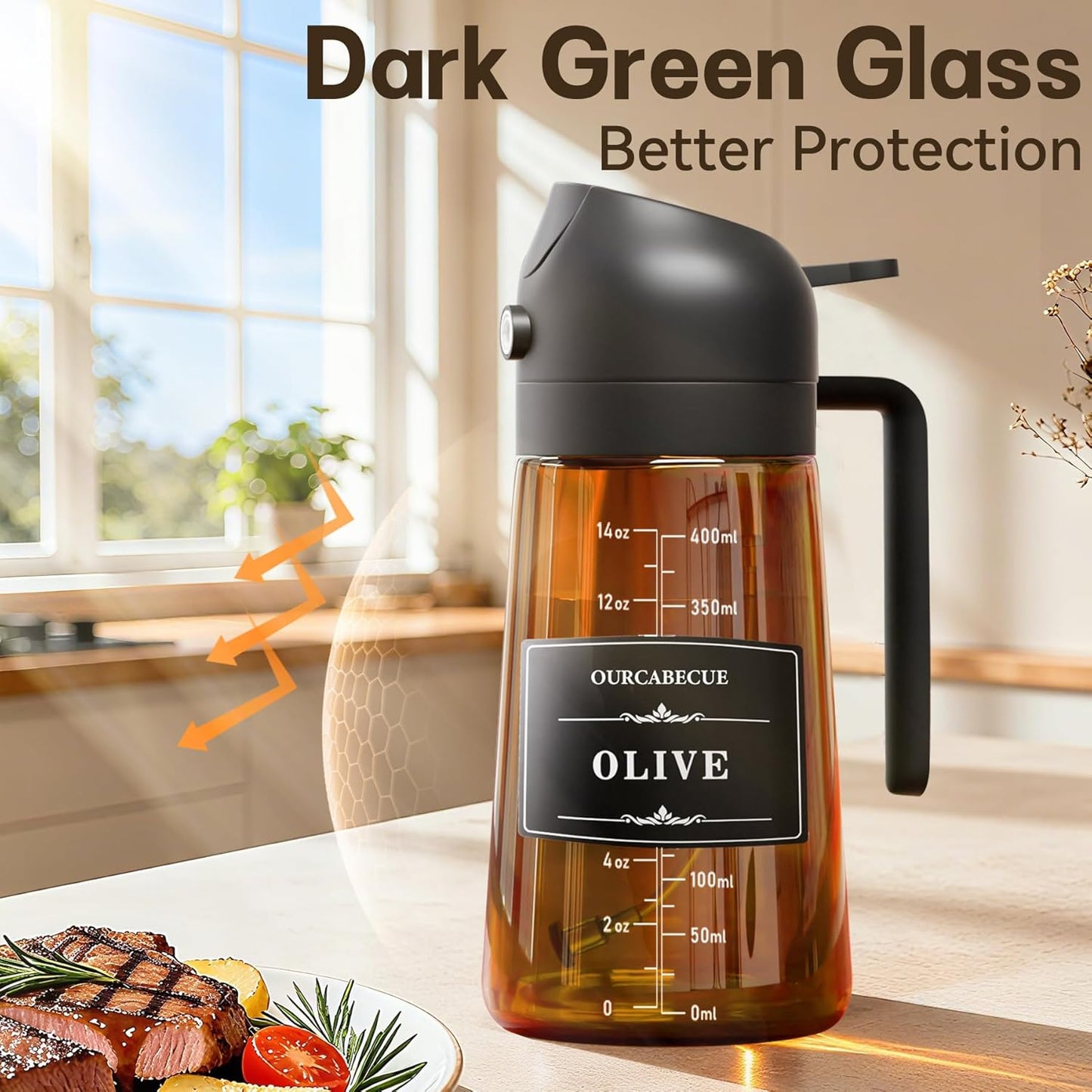 OURCABECUE 2 in 1 Olive Oil Sprayer for Cooking, 16oz/470ml Light-Blocking Dark Olive Oil Dispenser Bottle for Kitchen, Food-Grade Glass Oil Mister with 8 Oil Stickers