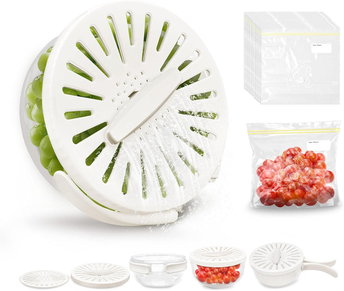 Fruit Washer Strainer Bowl with Foldable Handle, 2 in 1 Fruit Washing Bowl with Strainer with 15 Pcs Food Storage Bags, Fruit Colander Storage Container for Kitchen Fridge Picnic, White