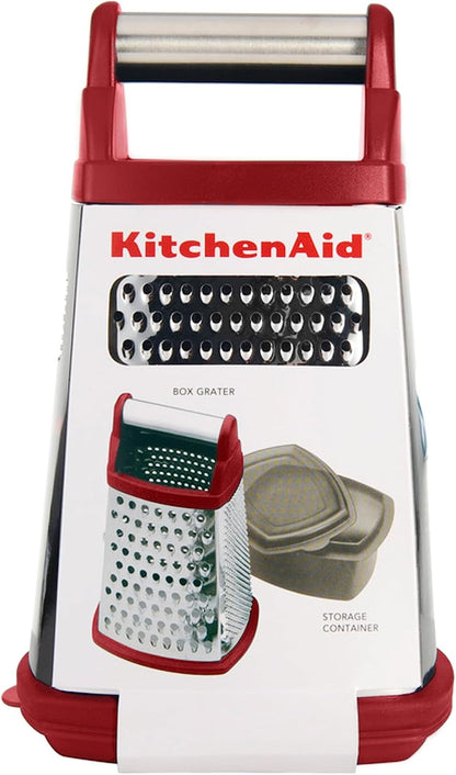 KitchenAid Gourmet 4-Sided Stainless Steel Box Grater for Fine, Medium and Coarse Grate, and Slicing, Detachable 3 Cup Storage Container and Measurment Markings, Dishwasher Safe, 10 inches tall, Black