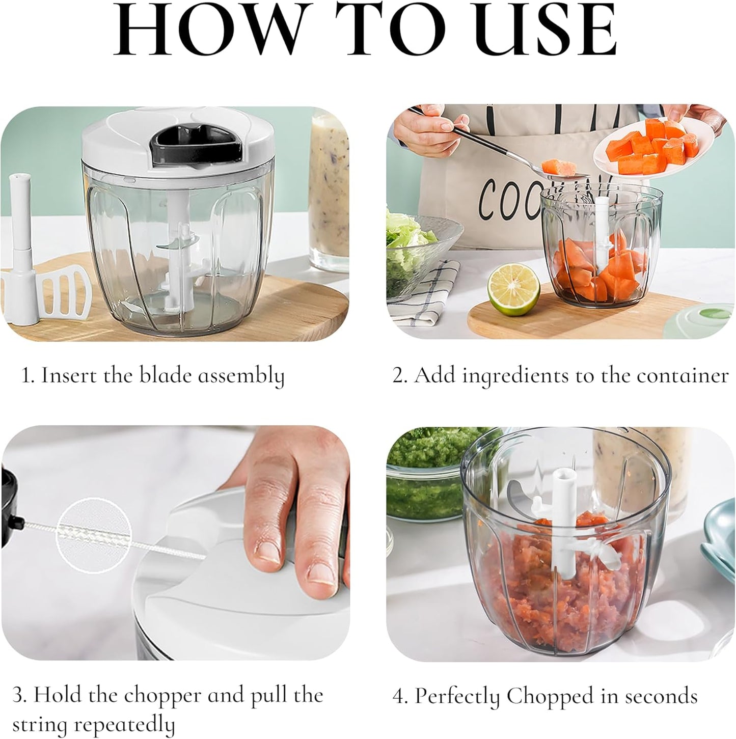 Manual Vegetable Chopper Pull String Food Chopper Sharp Blades Garlic Mincer with Container Onion Cutter for Chili Meat Nuts Herb