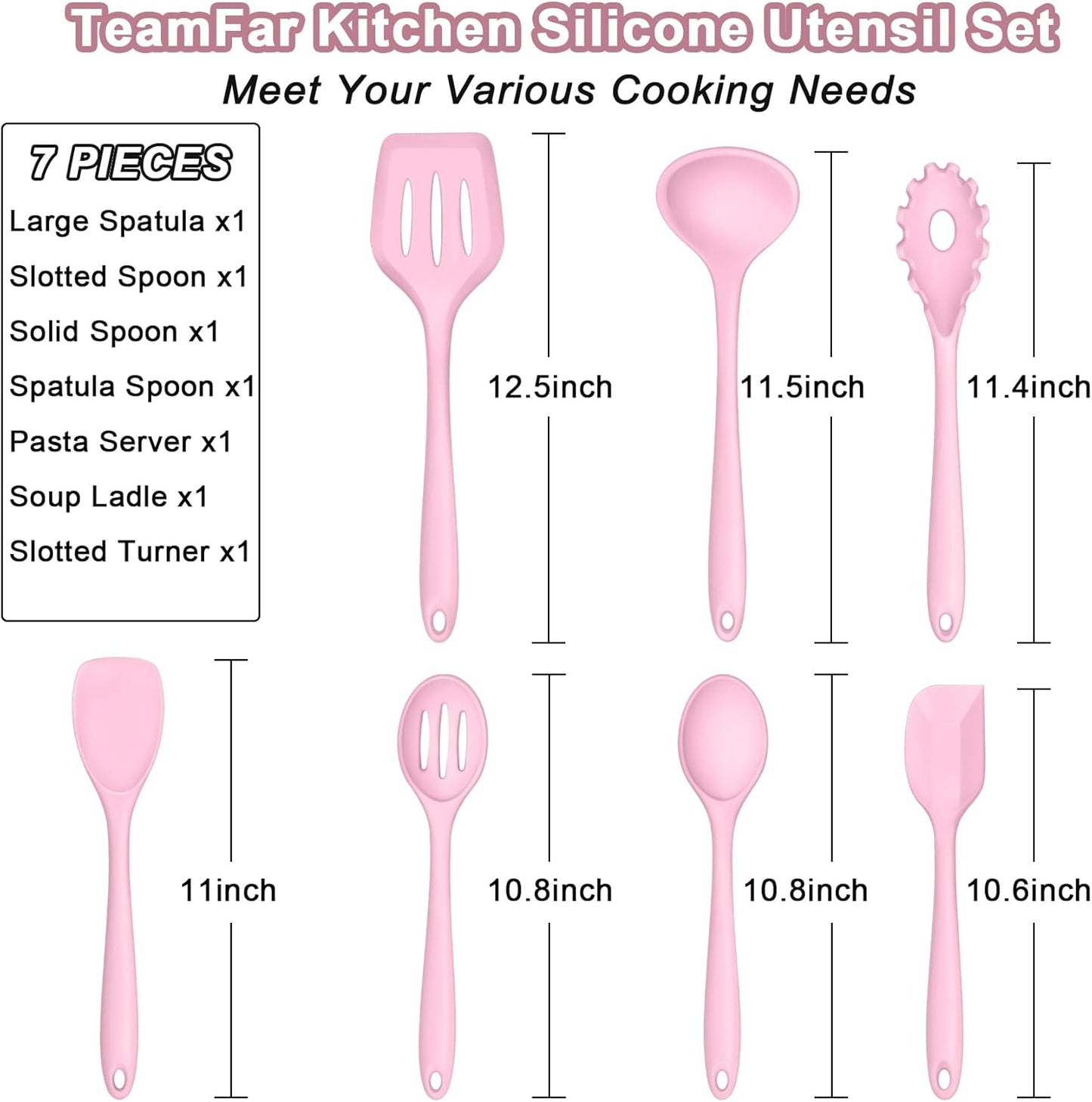 TeamFar Silicone Cooking Utensil Set of 7, Black Kitchen Nonstick Tools Turner Spoon Spatula Ladle Pasta Server for Nonstick Cookware, Healthy & One-Piece, Anti-Heat & Dishwasher Safe