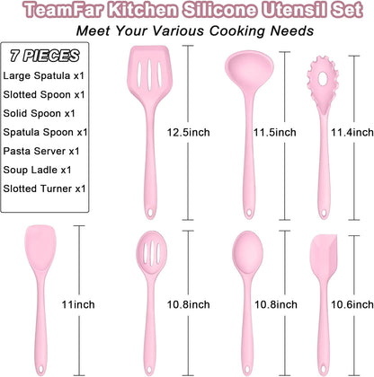 TeamFar Silicone Cooking Utensil Set of 7, Black Kitchen Nonstick Tools Turner Spoon Spatula Ladle Pasta Server for Nonstick Cookware, Healthy & One-Piece, Anti-Heat & Dishwasher Safe