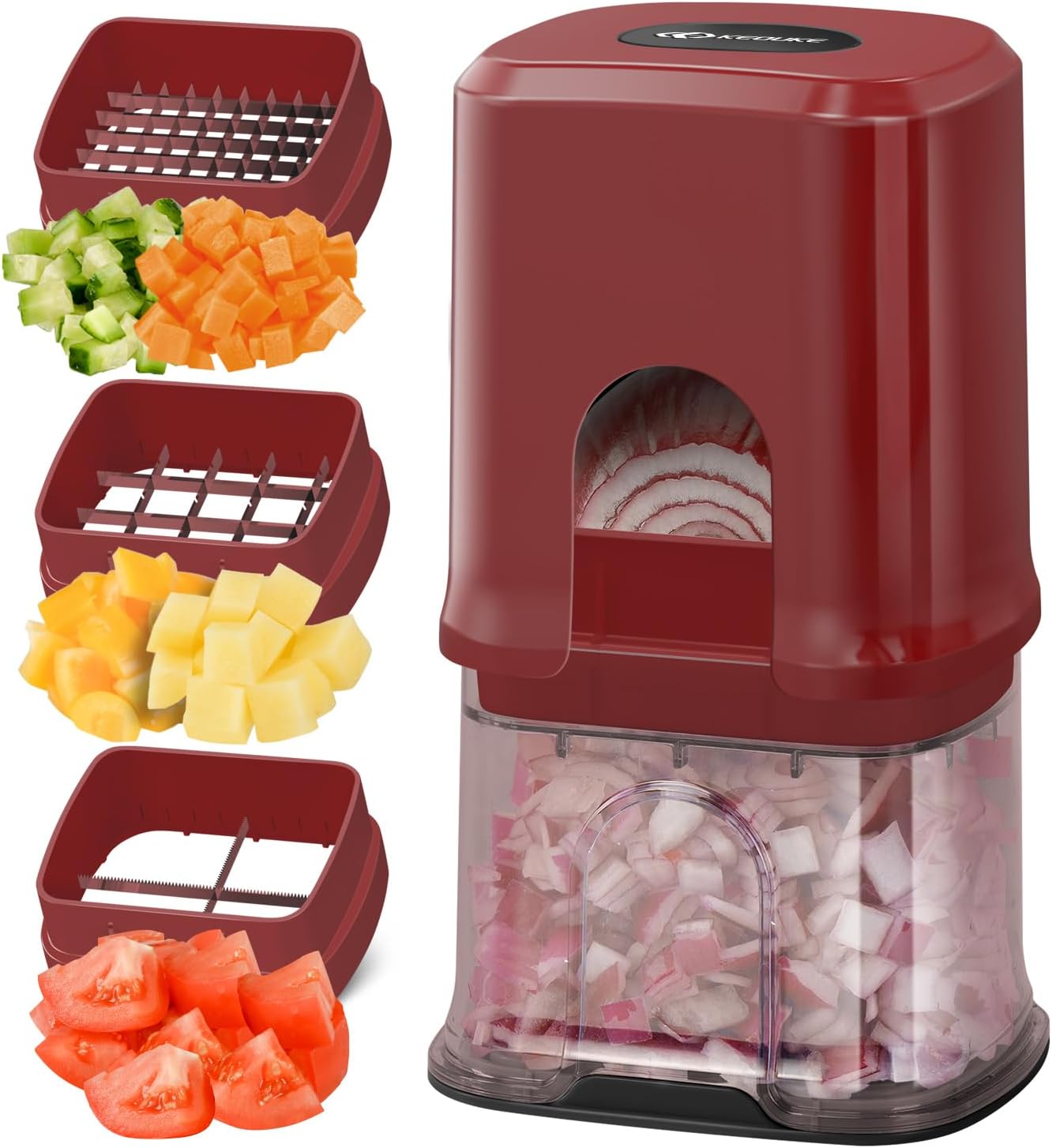 KEOUKE Multifunctional Vegetable Chopper Bowl White - 3 Interchangeable Blades Potato French Fry Cutter with Container & Storage Box Food Chopper Dicer for Cucumber, Tomato, Carrot, Onion