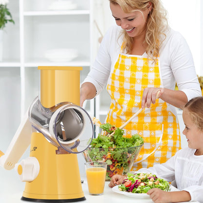 Ourokhome Rotary Cheese Grater Hand Crank, Kitchen Shredder Speed Mandolin Slicer Nut Grinder with Handle and Drum Blades for Cheese, Vegetable, Walnut, Chocolate, Potato, Carrot, 3 Blades, Dark Blue