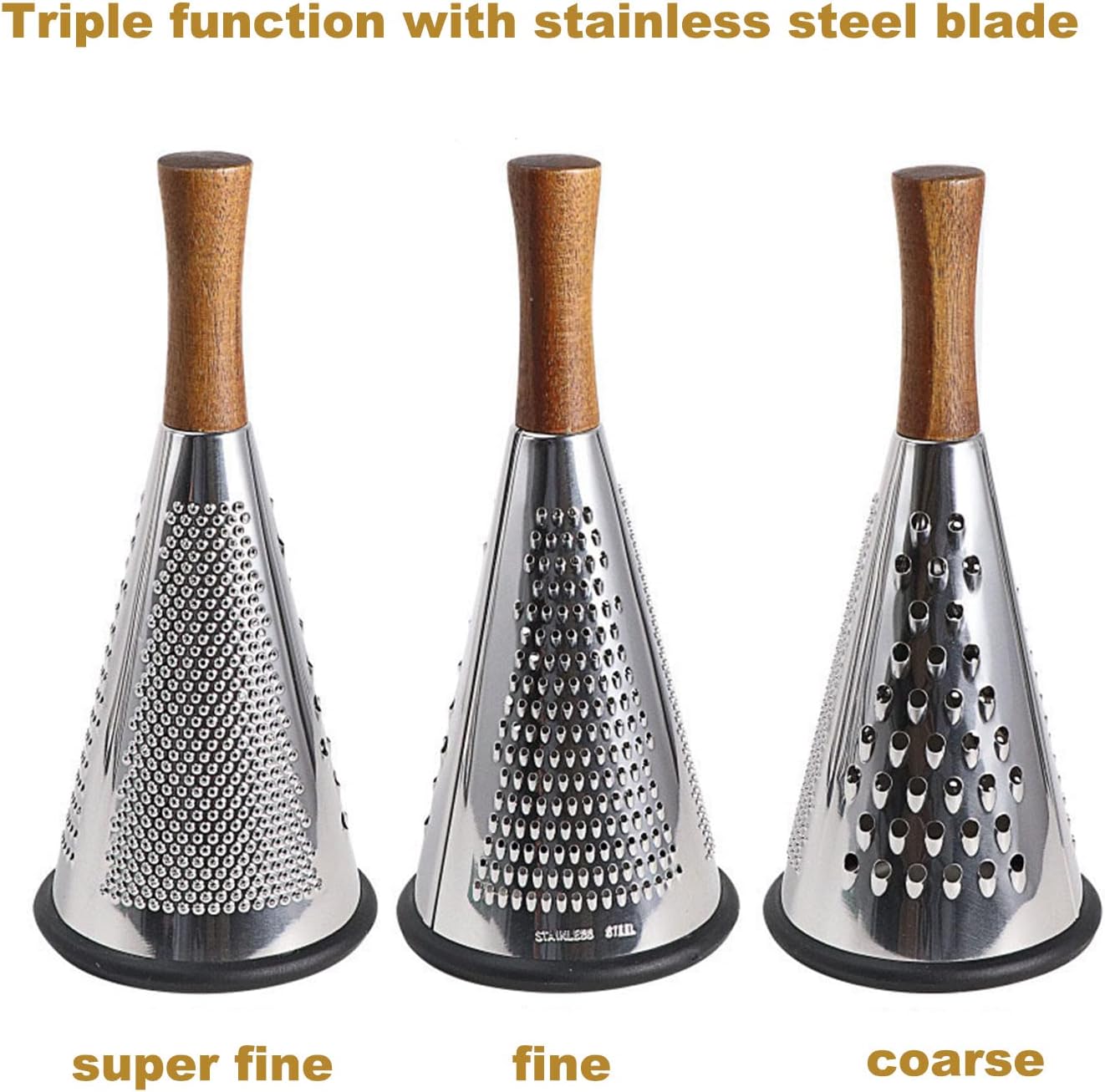 Cone Cheese Grater with Handle - Stainless Steel Triple Function Wood Handle Parmesan Shaver Non-Slip Rubber Bottom Hand Held Multifunction Vegetables Cheese Grater with container(S: 7.7" X 3.5")