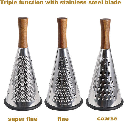 Cone Cheese Grater with Handle - Stainless Steel Triple Function Wood Handle Parmesan Shaver Non-Slip Rubber Bottom Hand Held Multifunction Vegetables Cheese Grater with container(S: 7.7" X 3.5")