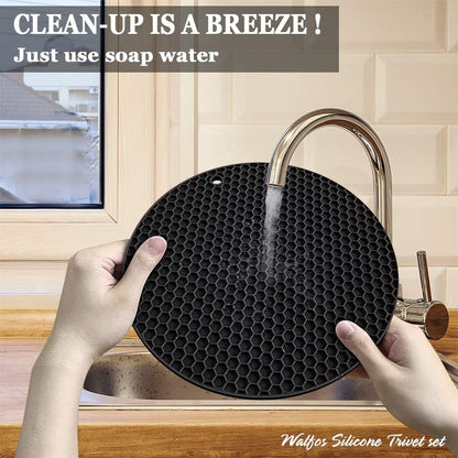 Walfos Silicone Trivet Mats - 4 Heat Resistant Pot Holders, Multipurpose Non-Slip Hot Pads for Kitchen Potholders, Hot Dishers, Jar Opener, Spoon Holder, Food Grade Silicone & BPA Free (Black)