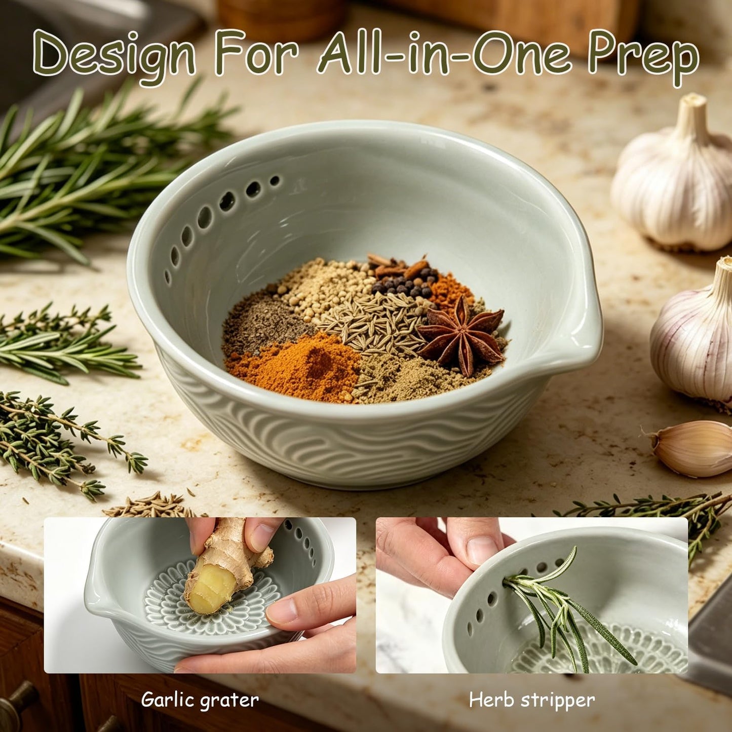Grater Plate, 3 in 1 Ceramic Ginger Grater Bowl with Herb Stripper – Handmade Multi-Functional Kitchen Tool for Garlic, Ginger, Chocolate, Herbs, and Spices (Grey)