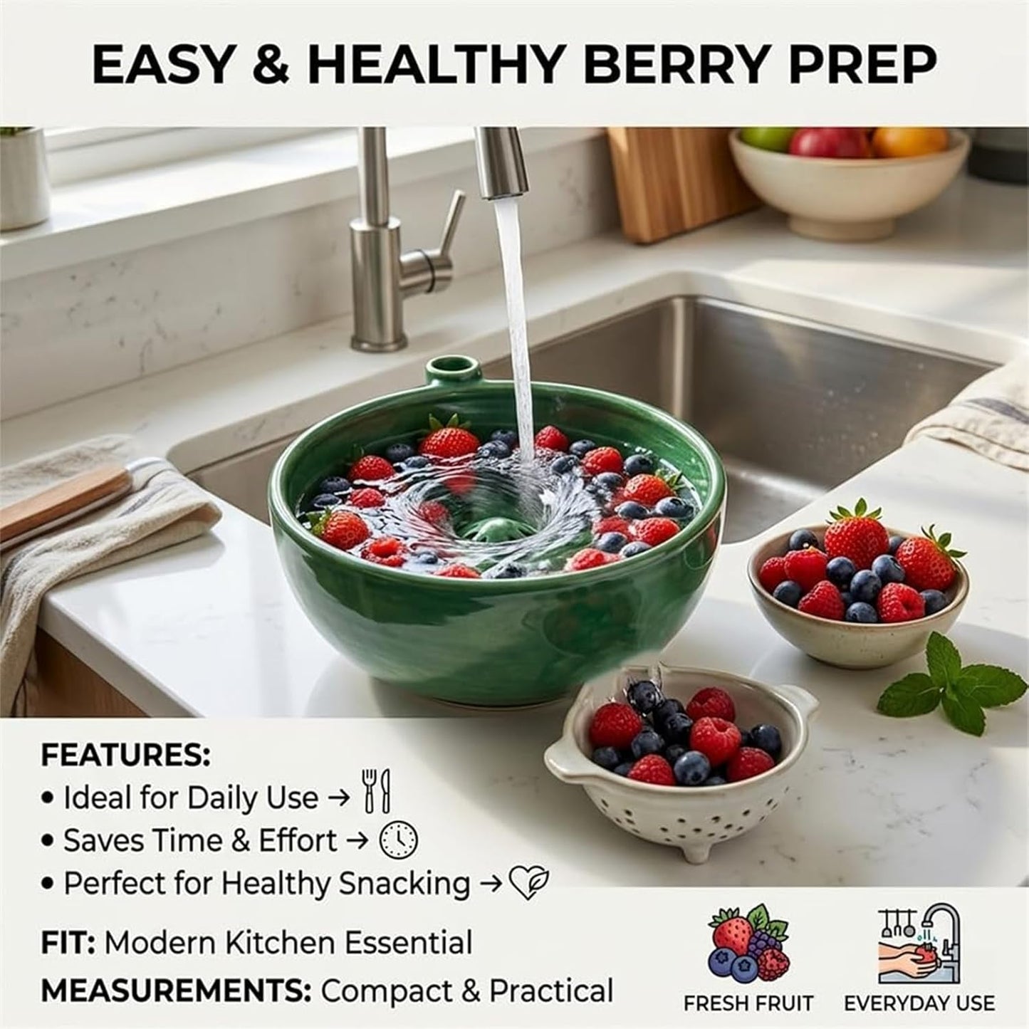 Berry Swirl Bowl, Self Spinning Berry Washing Bowl, Berries Rinse and Drain Bowls with Vortex Washing Design, Fruit Washer Colander, Dynamic Swirl Cleaning Basket for Fruit Lovers (1pc)