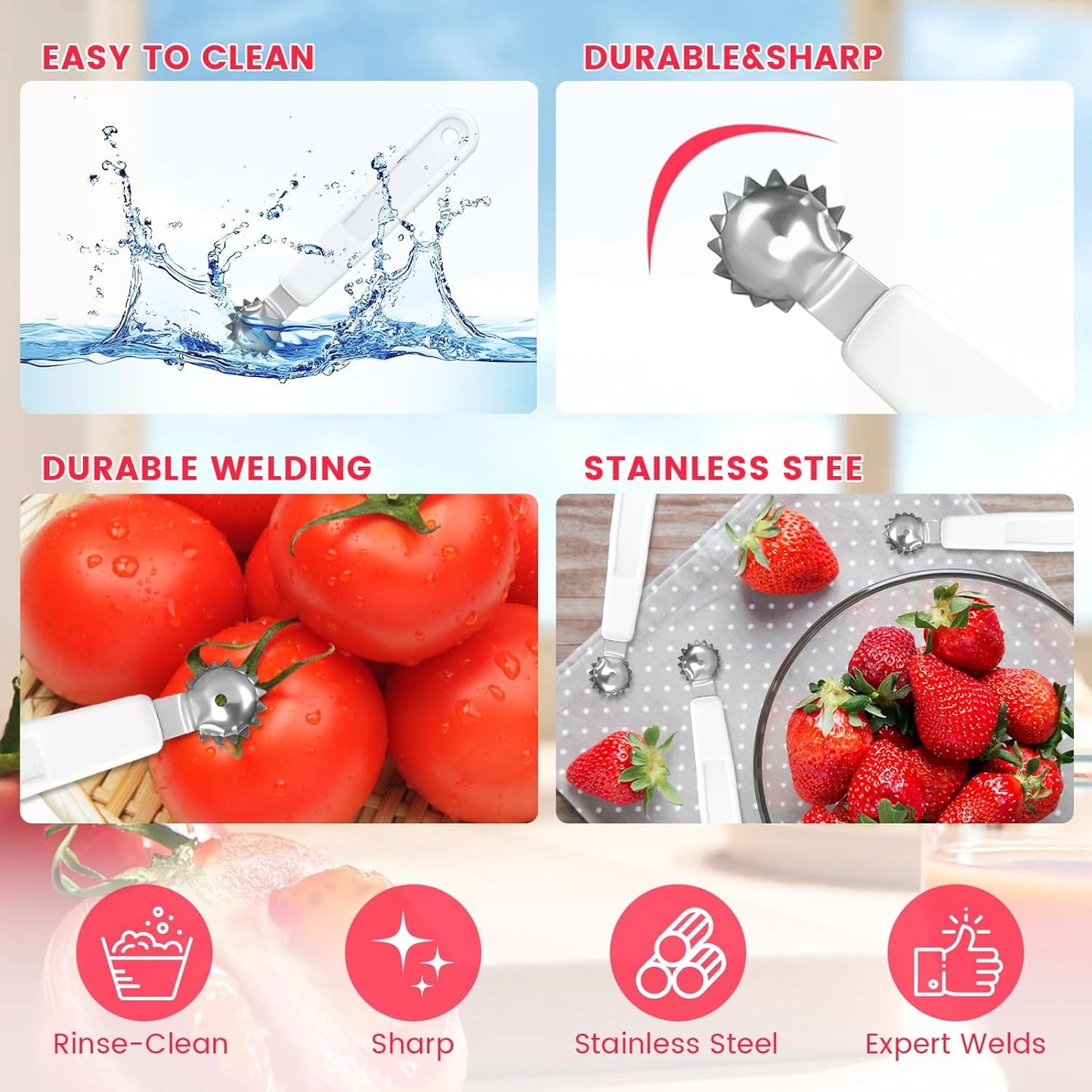 5 Pcs Tomato Corer Tool Strawberry Huller Stem Remover, Handle with hole, Stainless Steel, Fruit Corer Tool for Tomato Strawberry (Red+White)