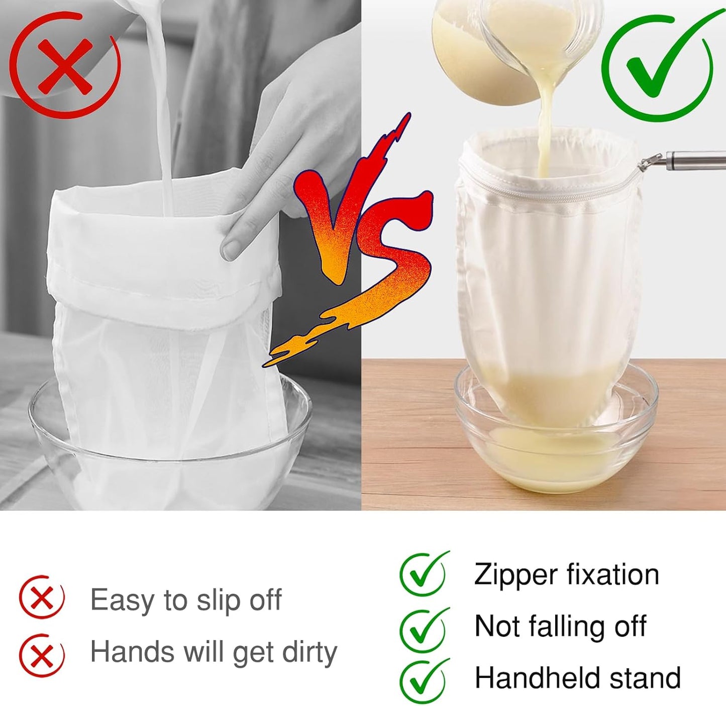 FATCAT Fine Mesh Cheese Cloth, Fine Mesh Strainer Bags, Nut Milk Bag with Stainless Steel Handle, Cheesecloth for Straining, Turkey, Cooking, Cheese, NutMilk, Juices, S