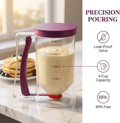 Pancake Batter Dispenser 4-Cup Batter Dispenser with Squeeze Handle & Measuring Marks Kitchen Must Have Tool for Pancakes, Cupcake, Waffle, Muffin Mix, Cake & Crepe,Baking Tool