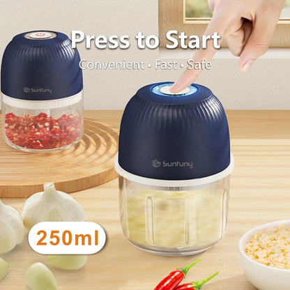 Mini Garlic Chopper, 250ml Small Food Processor Cordless 1 Cup, Battery USB-C Rechargeable Electric Food Chopper Wireless, Portable Garlic Grinder Masher,Veggie Meat Blender Mincer Kitchen Mixer,White