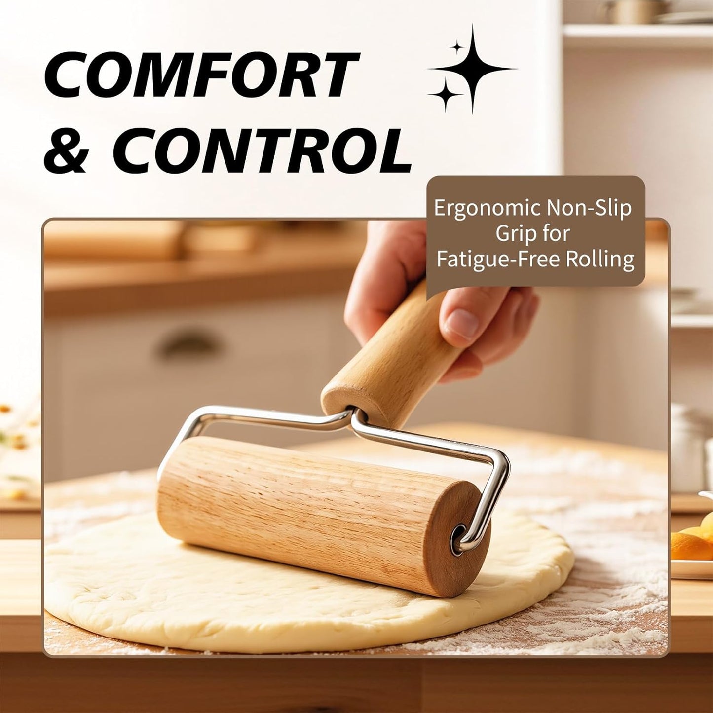 Pizza Rolling Pin Small Rolling Pin Wooden Dough Roller Non Stick Pizza Dough Roller for Baking Pastry Tortilla Cookie Dumpling Rolling Pins for Baking (T+H-Style)