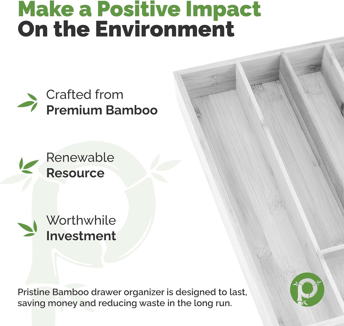 Pristine Bamboo Silverware Organizer - Small Extra-Deep Wooden Kitchen Drawer Organizer Divider for Spoons, Forks, Knives & Cutleries - 5 Slots