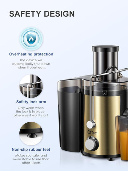 Qcen Juicer Machine, 500W Centrifugal Juicer Extractor with Wide Mouth 3” Feed Chute for Fruit Vegetable, Easy to Clean, Stainless Steel, BPA-free (Black)