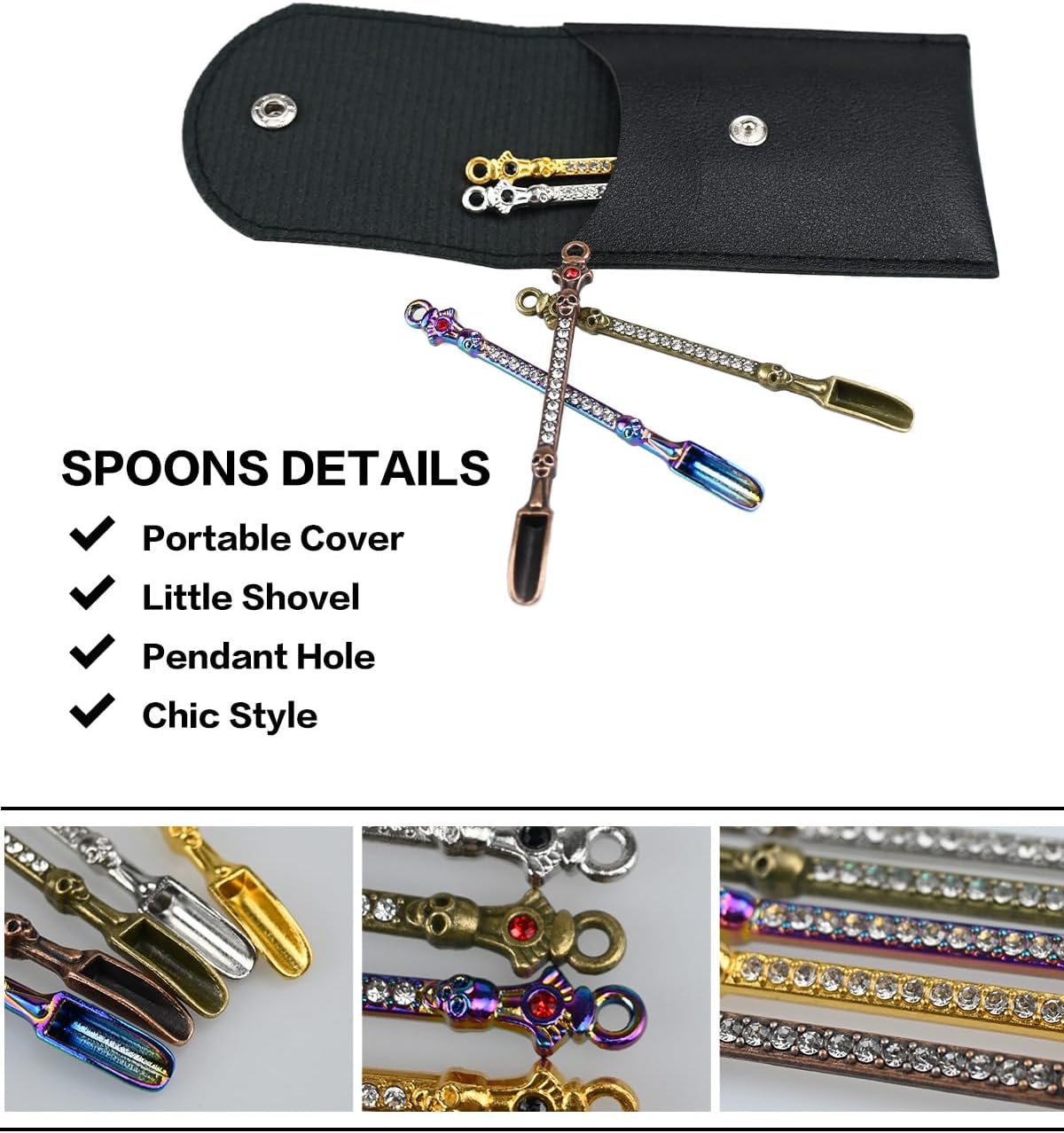 Mini Shovel Spoons Set, 5pc Metal Small Spoons with PU Pouch, Multi-Color Tiny Spoon Necklace Charms Decorative Pendant, Little Measuring Spoon, Rhinestones Jewelry Keychain Gift (Maple Leaf)