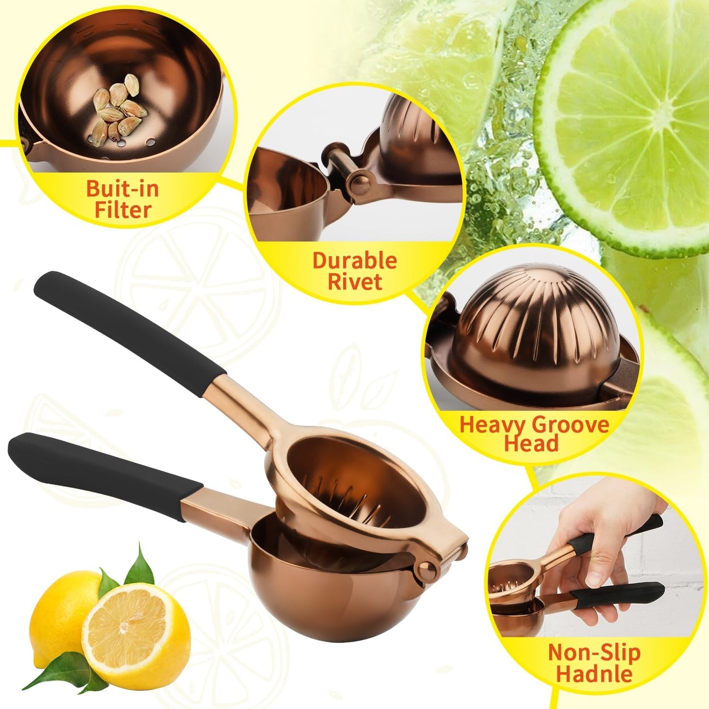 SHIKORI Lemon Squeezer, Large Heavy Duty Handhelp Juicer for Lemon, Stainless Steel Hand Press Citrus Juicer, Lime Squeezer Bar Tool, Manual Citrus Press (Rose Gold)