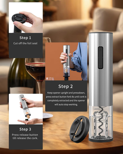 CIRCLE JOY Electric Wine Opener Stainless Steel Rechargeable Automatic Wine Bottle Opener Set 7-in-1 Wine Gifts for Wine Lovers with Charging Base, Foil Cutter, Wine Aerator Pourer & 2 Vacuum Stoppers
