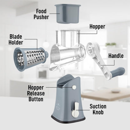 Zulay Kitchen Rotary Cheese Grater 5 Blade Cheese Shredder - Manual Hand Crank Cheese Grater With Reinforced Suction & 5 Interchangeable Drums - Easy to Use, Vegetable Chopper Round Mandoline Slicer - Colors A