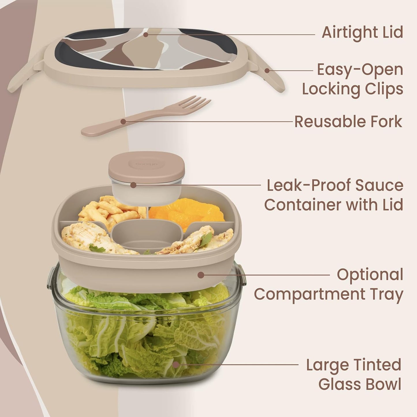 Bentgo Glass Prints Salad Container - 7.6-Cup Tinted Glass Salad Bowl with Airtight Lid, Leak-Proof Sauce Container, 4-Compartment Bento Meal Prep Tray & Reusable Fork (Floral Maximalist - Sea)